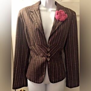 J.JILL Espresso Brown Wool Blends Blazer Pink Striped Flower Rosette Appliqué